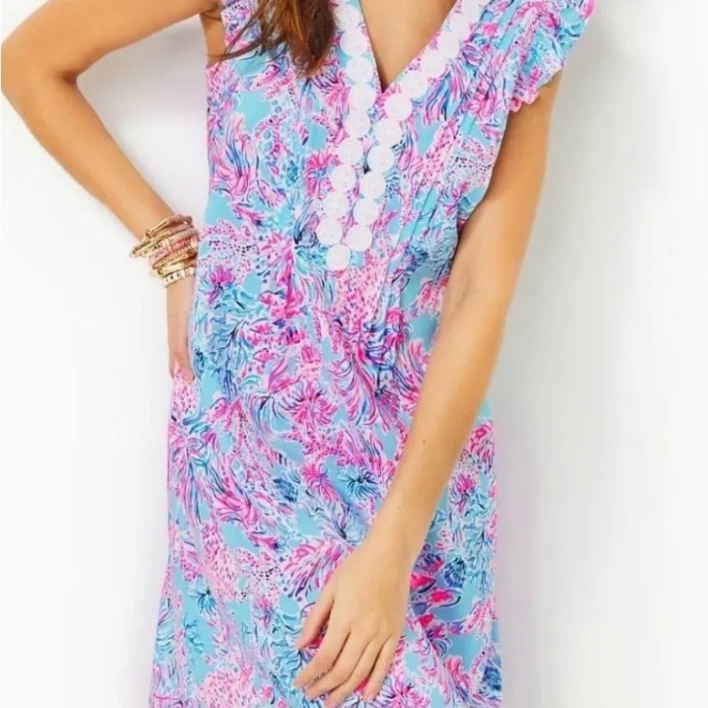 Lilly Pulitzer Aqua & Pink Embroidered Trim V-Neck Dress